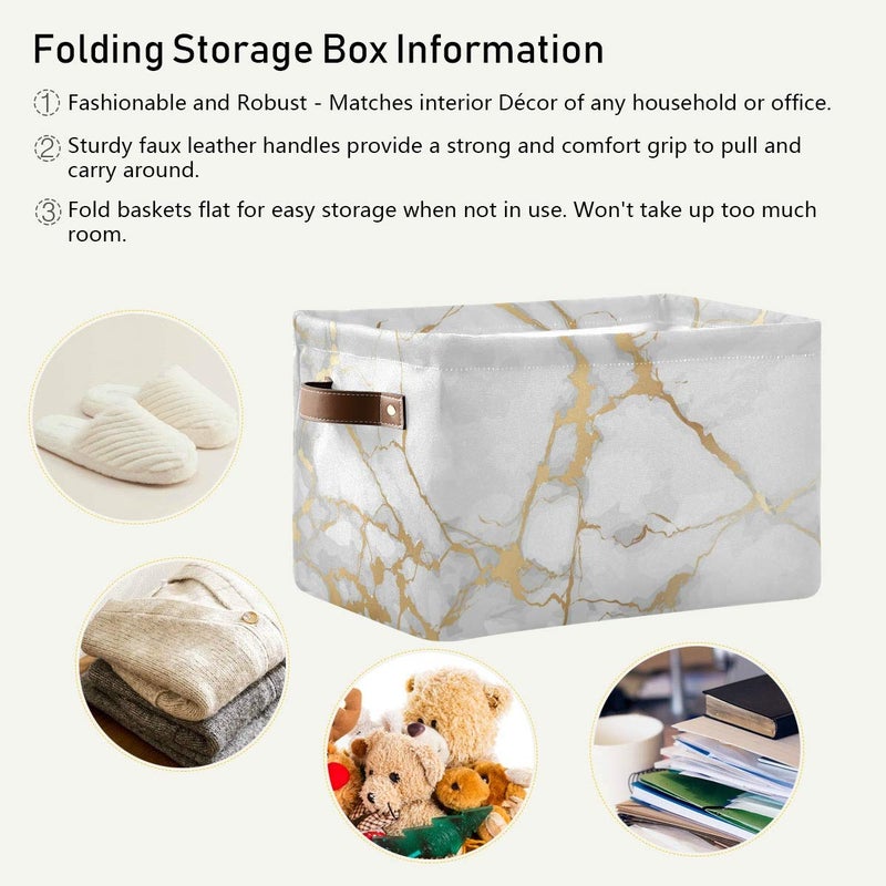 Toprint White Gold Marble Storage Basket Bin Large Fabric Toys Storage Cube Box with Handles Collapsible Closet Shelf Cloth Organizer Basket for Nursery Bedroom - Image 5